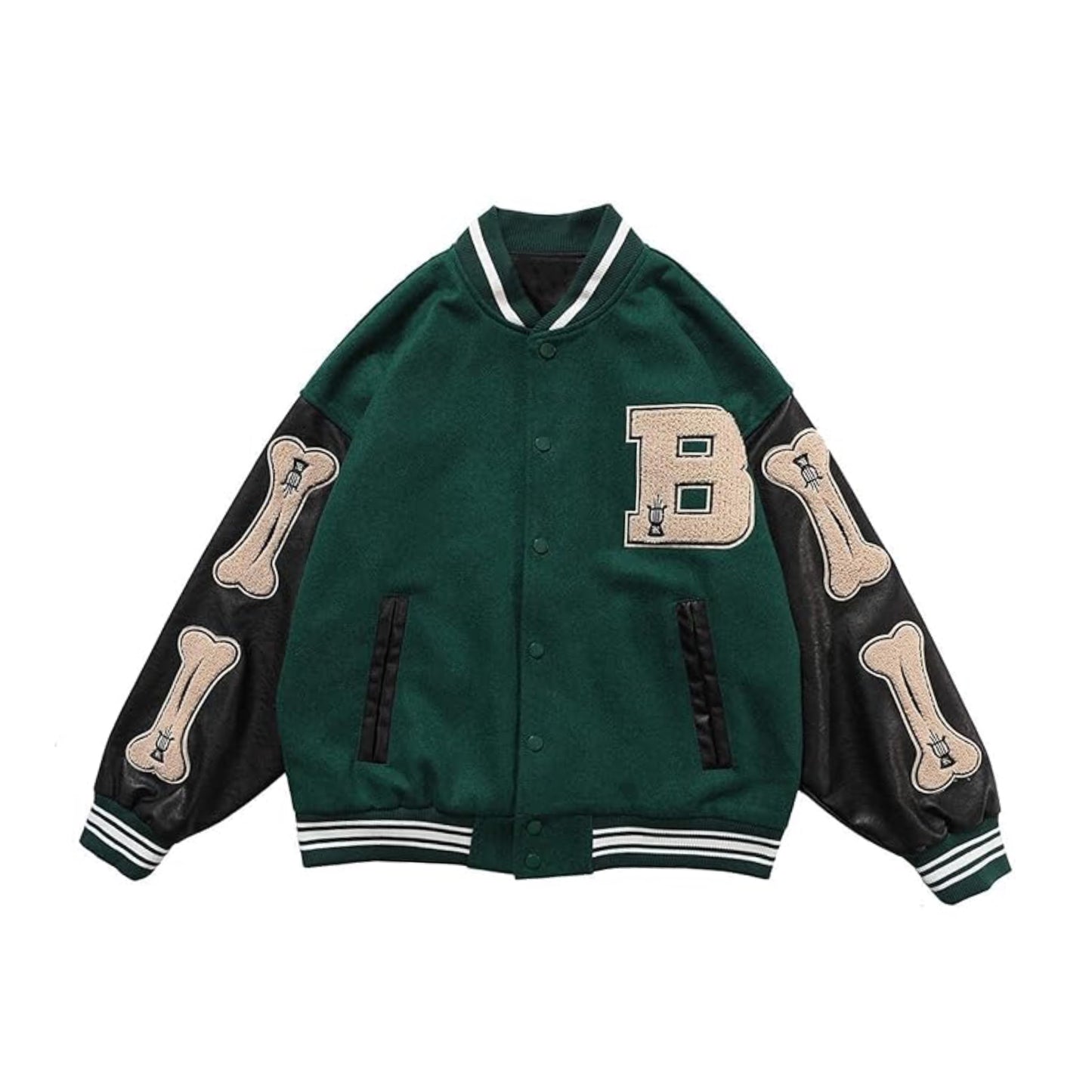 Bades Green Varsity Jacket with Bone Sleeve Design